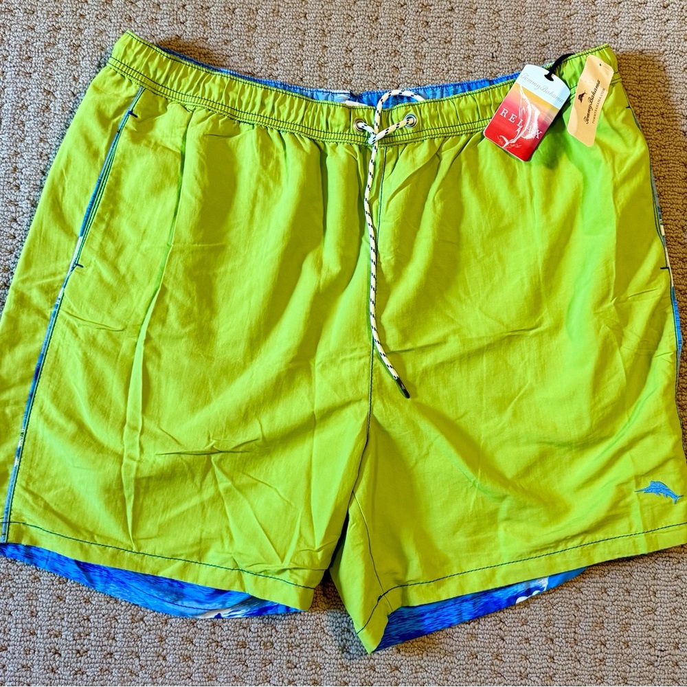 NWT Tommy Bahama Reversible Men’s Lime Green Swim Trunks with Blue Trim, Sz XXL